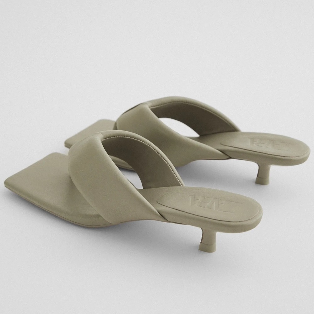 Zara QUILTED LEATHER KITTEN HEEL SANDALS GREEN